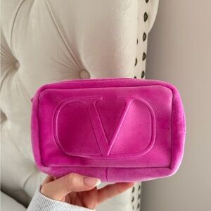 Valentino Hot Pink Velvet Logo Cosmetic Pouch